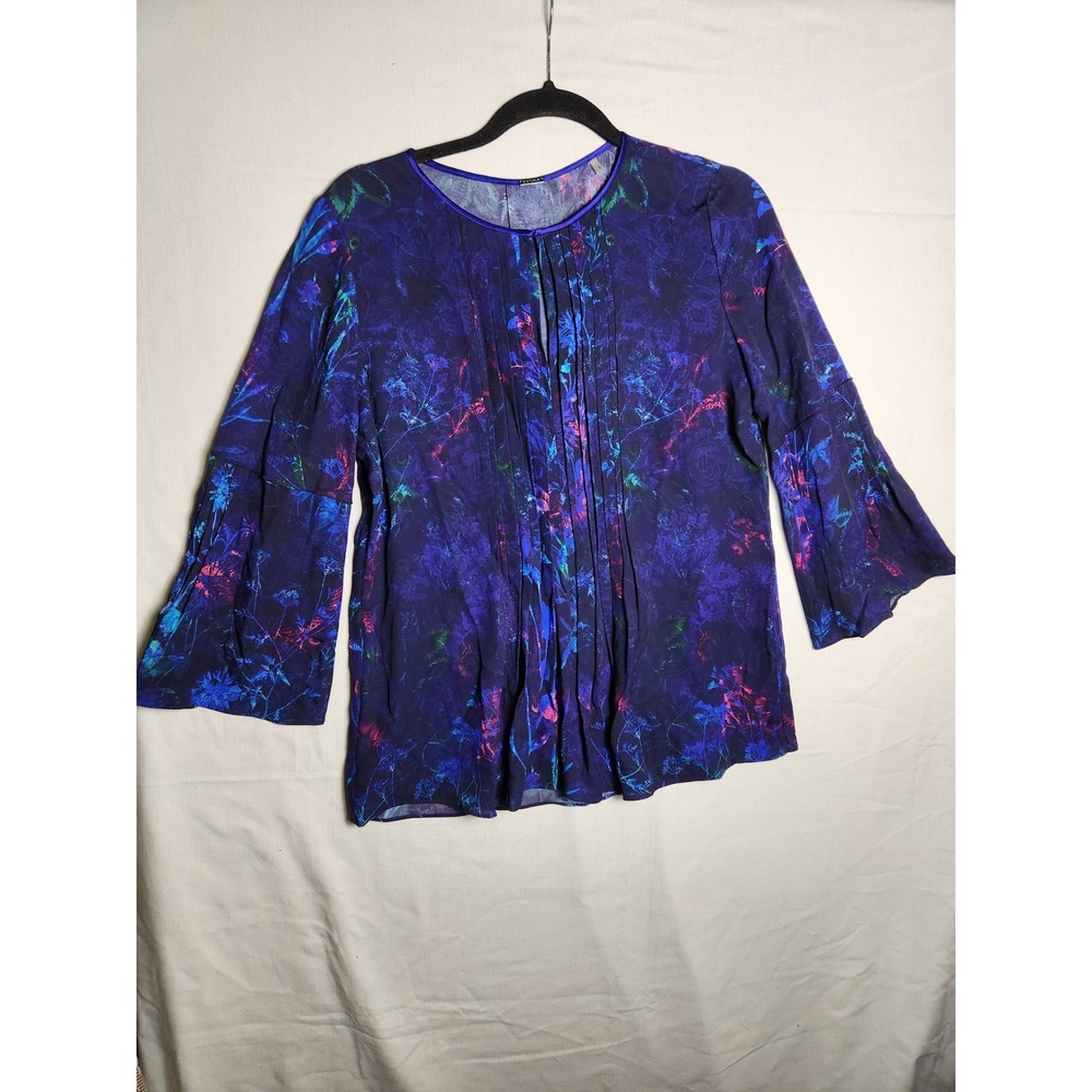 Elie Tahari Purple Blue Floral Pleated Front Bell Sleeve Blouse Womens Small